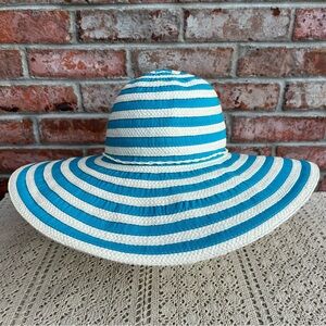Jacobson Striped Ribbon Sun Beach Hat Turquoise & White